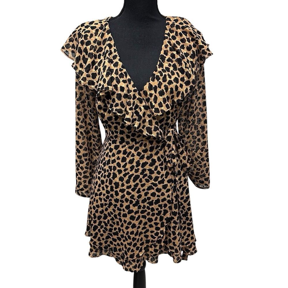 Free People Frenchie Leopard Print Wrap Mini Dress XS Long Sleeves Ruffle NWT